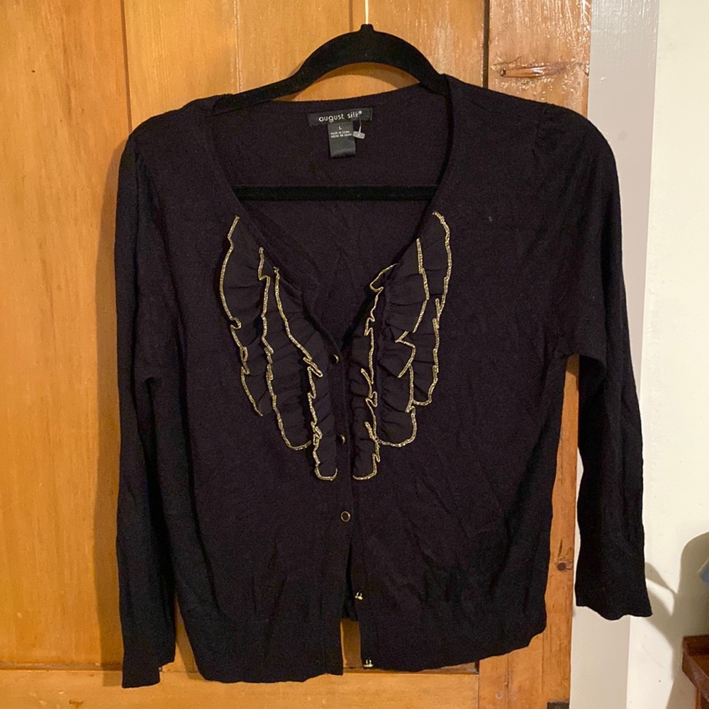 August silk cardigan size large black with ruffle